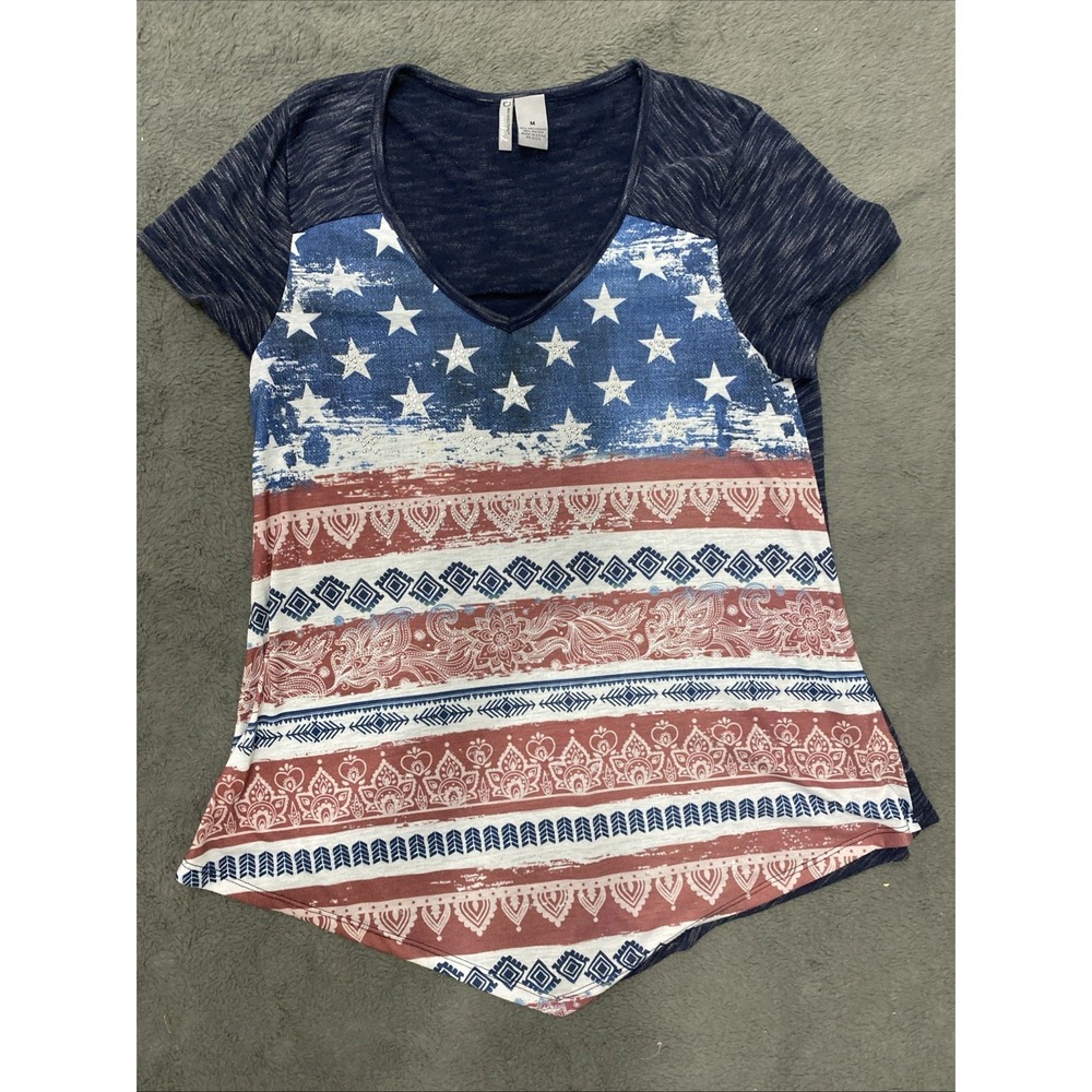 New Directions Women's American Flag V-Neck Shirt Red Wh Blue‎ Size M Patriotic